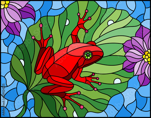 Dekoracja na wymiar  ilustracja-w-stylu-witrazu-z-abstrakcyjna-czerwona-zaba-na-lisciu-lotosu-na-wodzie-i-przeplywie