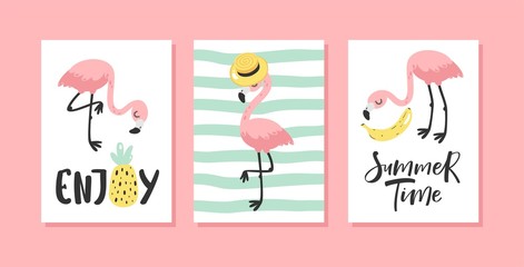 Wall Mural - Vector set of bright summer cards with flamingo and hand written text.