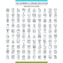 Learning And Online Education Icons Set. Modern Icons On Theme Knowledge, Scince, Teaching, School And University. Thin Line Design Icons Collection. Vector Illustration
