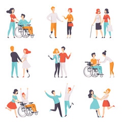 Sticker - Disabled people having a good time with their friends set, handicapped person enjoying full life vector Illustrations on a white background