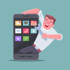 Mobile application developer. Vector cartoon concept illustration of a man with a wrench and a smartphone.