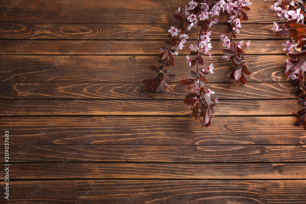 Beautiful blossoming branches on wooden background