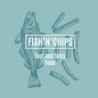 Fish and Chips Abstract Vector Card, Sign or Logo Template. Hand Drawn Cod Fish and Potato Fries with Modern Typography in a Frame. Premium Quality Vector Emblem.