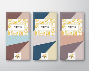 Wall Mural - nuts chocolate abstract vector packaging design labels set. modern typography and hand drawn hazelnu