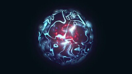 3d animation of abstract isolated red and blue magical orb. Burning sphere with plasma ring on black background. Magic and power concept object. Shiny colorful VFX design element loop in 4K.