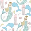 Vector seamless pattern with a mermaid and an octopus, dolphin