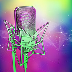 Wall Mural - A professional microphone on a pink blue green technological background is surrounded by a sound wave. Atmosphere of sound recording studio, chamber concert, night disco club or karaoke club / vector