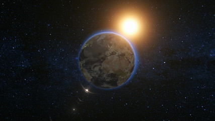 Wall Mural - space view on planet earth and sun star rotating on its axis in black universe. seamless loop with d