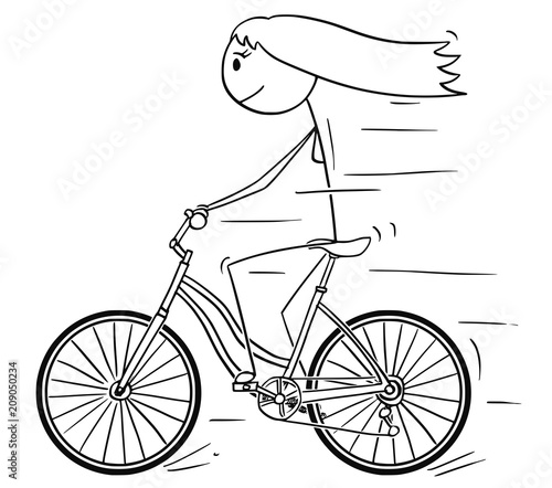 Cartoon Stick Drawing Illustration Of Woman Or Girl Riding Or