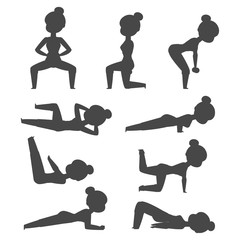 Wall Mural - Woman home workout vector silhouette exercising at home fitness character training coaching healthy living and diet concept illustration.