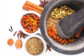 Wall Mural - Mix of spices for homemade Tandoori masala in mortar on white background