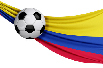 The national flag of Colombia with a soccer ball. Football supporter concept. 3D Rendering