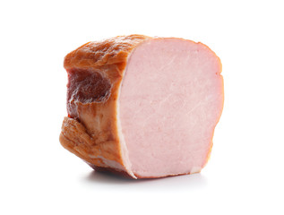 Piece of tasty ham on white background