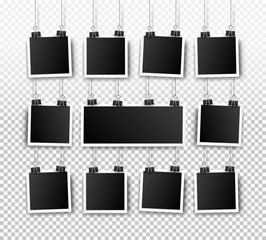 Wall Mural - blank photo frame set hanging on a clip. retro vintage style. black empty place for your text or pho