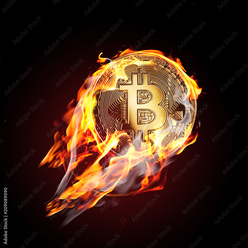 Bitcoin on fire. Flaming btc coin is going up Stock Photo | Adobe Stock