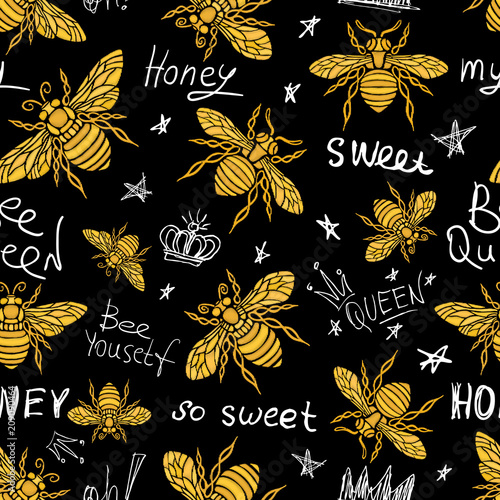 Cotton fabric Hohey bee golden embroidery seamless pattern textile fabrics ornamented golden wings insect Hand drawn vector honey bee luxury embroidered style