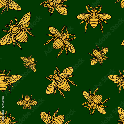 Cotton fabric Hohey bee golden embroidery seamless pattern textile fabrics ornamented golden wings insect Hand drawn vector honey bee luxury embroidered style