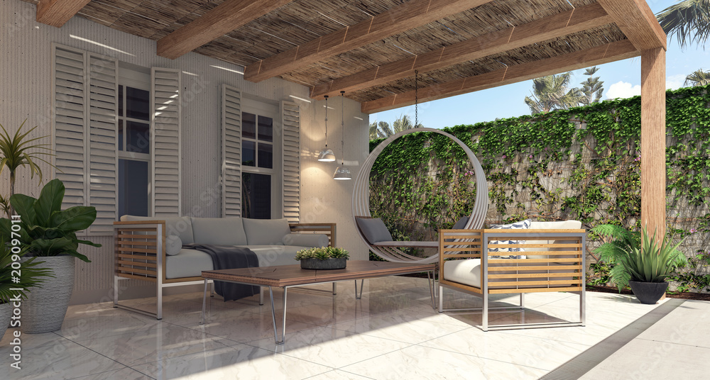 Home garden exterior and patio 3D Rendering - obrazy, fototapety, plakaty 