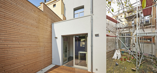 New facade in courtyard  from old house before and after