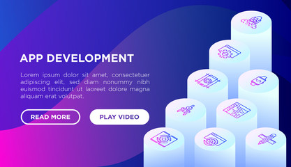 App development concept with isometric thin line icons: writing code, multitasking, smart watch app, engineering, updates, cloud database, testing. Modern vector illustration, web page template.