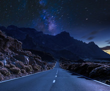 Night Mountain Road .Night Sky With Milky Way And Stars.