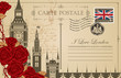 © paseven - Retro postcard with Big Ben in London, Palace of Westminster, UK. Romantic vector postcard in vintage style with place for text, red roses and words I love London on the background of old manuscript