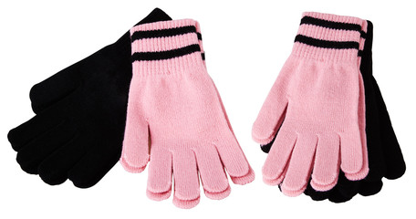 Two pairs of knitted pink and black woolen girl's gloves, isolated on white. Female accessory.