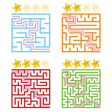 A Square Labyrinth With An Entrance And An Exit. A Set Of Four Options From Simple To Complex. Rated From The Cute Stars. Vector Illustration Isolated On White Background. With The Answer.
