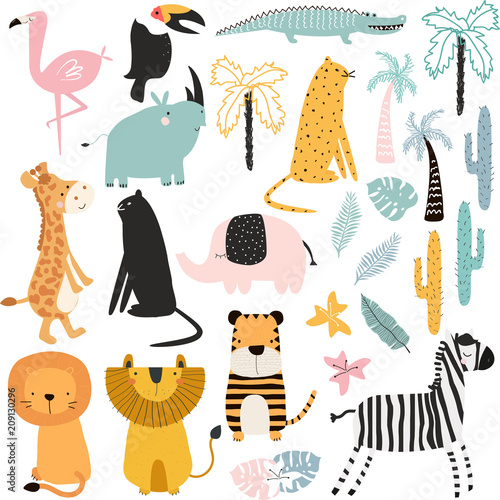 Set of cartoon African animals and plants Wallpaper Mural