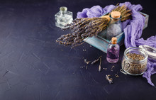 Essential Lavender Oil And Dry Lavender Flowers.