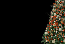 Half Of Christmas Tree Isolated On Black Background, Decorated With Vintage Ornaments; Ratan Balls, Burlap And Tartan Ribbons, Wooden Snowflakes, Red Berries And Balls, Red White Jingle Bells