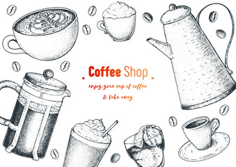 Coffee cups, french press, coffee pot and beans illustration. Vintage design for coffee shop. Engraved vector illustration.