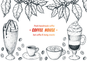 Coffee cups, beans and coffee tree illustration. Vintage design for coffee shop. Engraved vector illustration