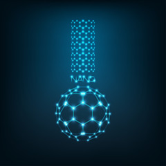 Wall Mural - Nanoscience, nanotechnology concept with carbon nanotube, buckyball fullerene and word nano in shape of chemical beaker.