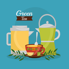 Wall Mural - teapot and tea cup spoon lemon and branches vector illustration