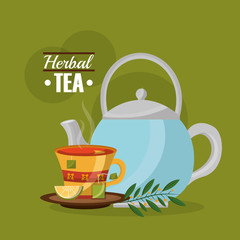 Canvas Print - herbal tea teapot and teacup lemon and teabag leaves vector illustration