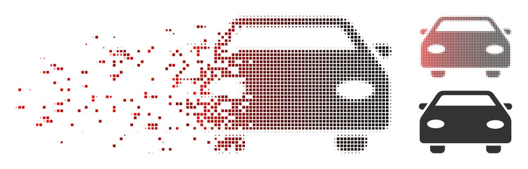 Wall Mural - Vector car icon in dissolved, pixelated halftone and undamaged entire variants. Disintegration effect involves square particles and horizontal gradient from red to black.