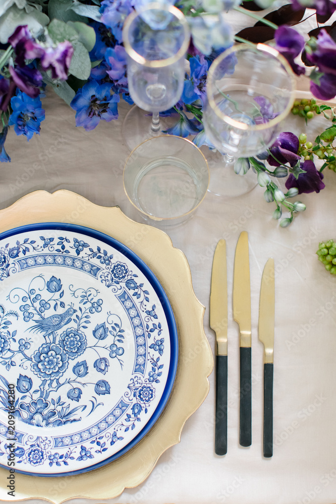 Blue and gold table setting Stock Photo | Adobe Stock