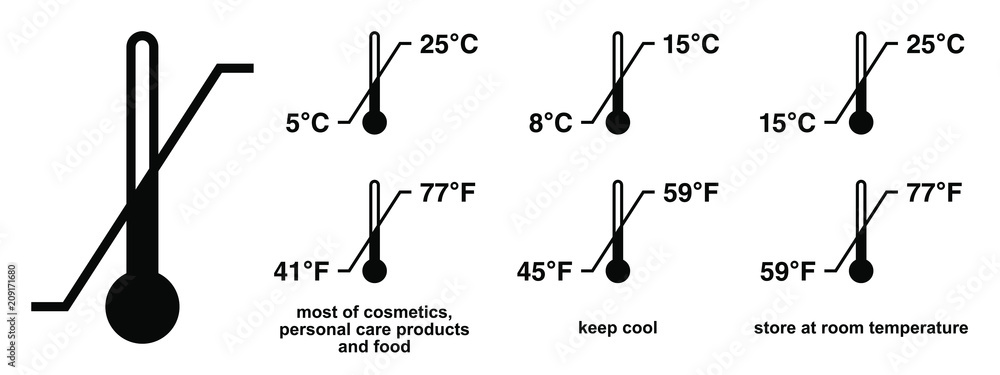 Storage temperature range symbol. Black thermometer icon with diagonal line and degrees sign value. Some standard versions and legend included. - obrazy, fototapety, plakaty 