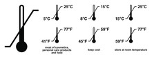 Storage Temperature Range Symbol. Black Thermometer Icon With Diagonal Line And Degrees Sign Value. Some Standard Versions And Legend Included.