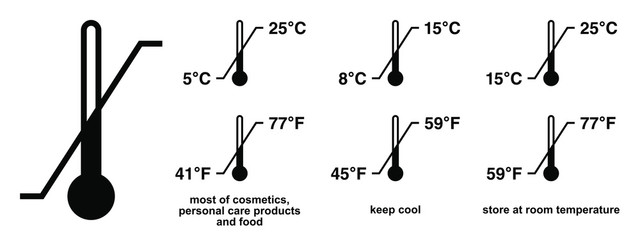 storage temperature range symbol. black thermometer icon with diagonal line and degrees sign value. 