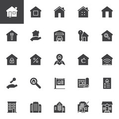 Wall Mural - Real estate vector icons set, modern solid symbol collection, filled style pictogram pack. Signs, logo illustration. Set includes icons as House, Home, Office buildings, Mortgage, Blueprint, For sale