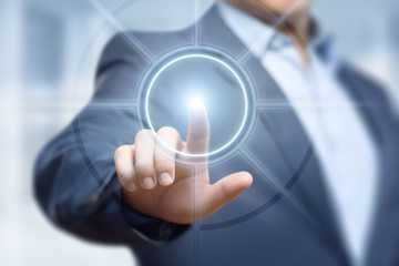 Wall Mural - businessman pressing button. innovation technology internet business concept. space for text