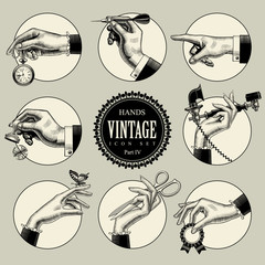 Set of round icons in vintage engraving style with hands and accessories