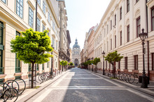Street view with famous saint Stephen cathedral in Budapest city, Hungary