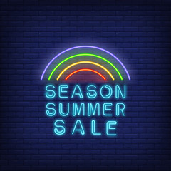 Wall Mural - Season Summer Sale neon signboard design. Vector illustration with glowing blue text and rainbow on brick wall background. Template for night bright banners, billboards, signs