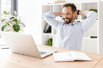 Wall Mural - Smiling businessman looking at laptop computer