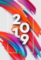 Wall Mural - 2019 New Year on the background of a colorful brushstroke oil or acrylic paint design element. Vector illustration