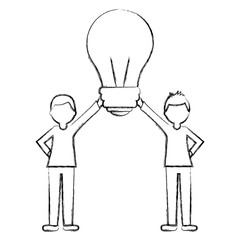 people holding together bulb idea vector illustration sketch