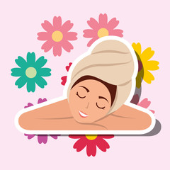 Wall Mural - woman with towel on head resting flowers decoration spa wellness vector illustration